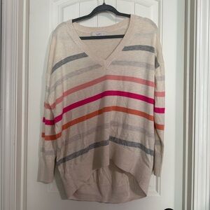 LOFT Women's V-Neck Sweater with Stripes - Cream, Gray, Pink, and Orange